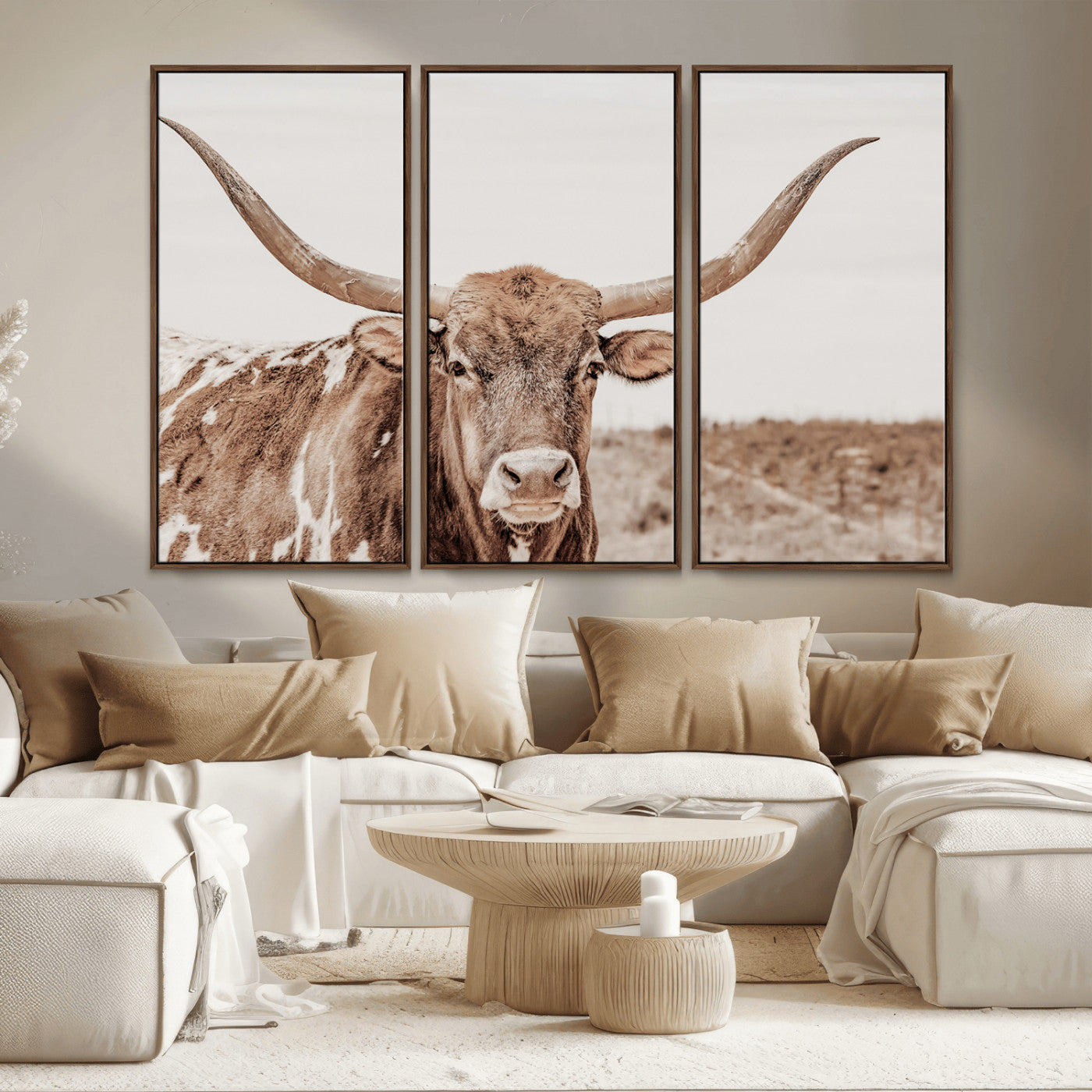 MGV-FC-48X32-3P - Longhorn Cow Wall Art Canvas Print, Framed Texas Ranch Art Picture Print, Western Bull Perfect County Decor Artwork