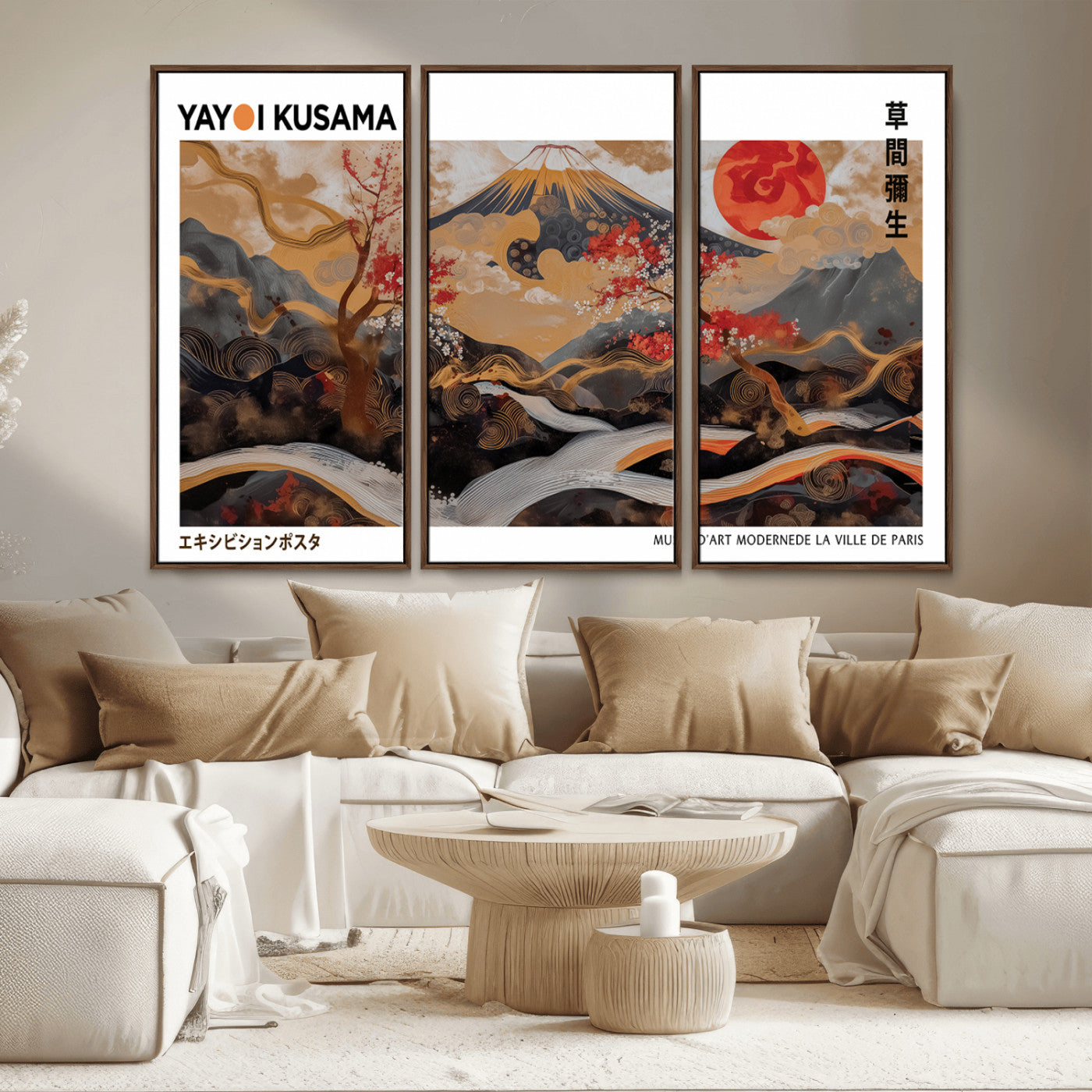 MGV-FC-48X32-3P - Modern Japanese Wall Art Print Yayoi Kusama Canvas Wall Art Abstract Mount Fuji Canvas Print