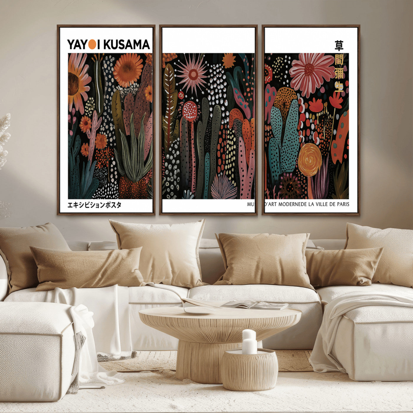 MGV-FC-48X32-3P - Modern Japanese Wall Art Print, Framed Yayoi Kusama Artwork, Abstract Mount Fuji Canvas Print,