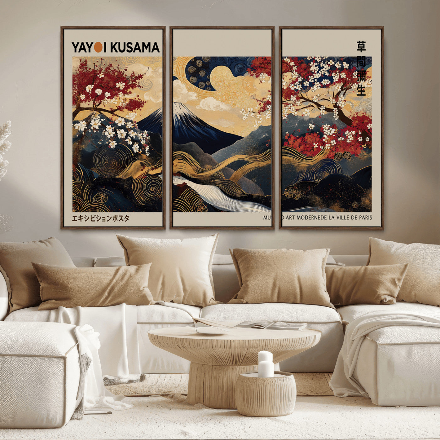 MGV-FC-48X32-3P - Modern Japanese Wall Art, Yayoi Kusama Japanese Print Wall Art, Abstract Mount Fuji Canvas Print,