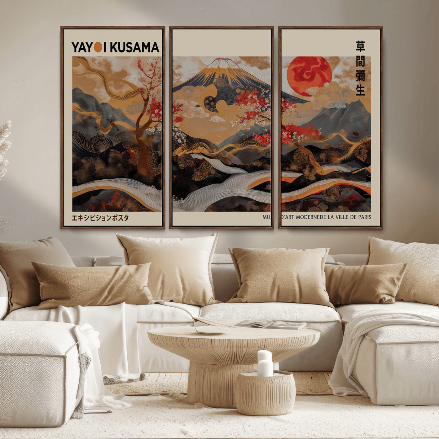 MGV-FC-48X32-3P - Modern Japanese Wall Art Print Yayoi Kusama Canvas Wall Art Abstract Mount Fuji Canvas Print