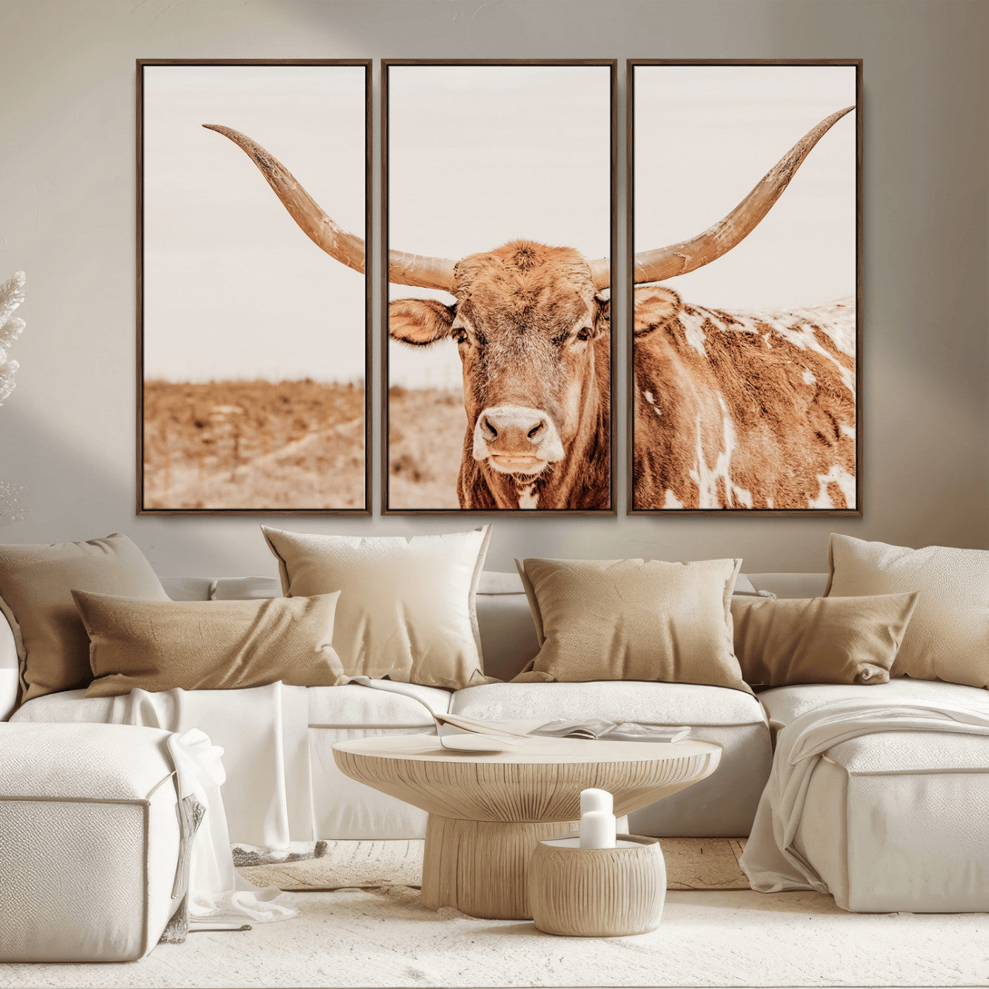 MGV-FC-48X32-3P - Longhorn Bull Wall Art Canvas Print, Framed Western Cow Art Picture Print, Rustic Farmhouse Perfect Neutral Farmhouse Decor Artwork