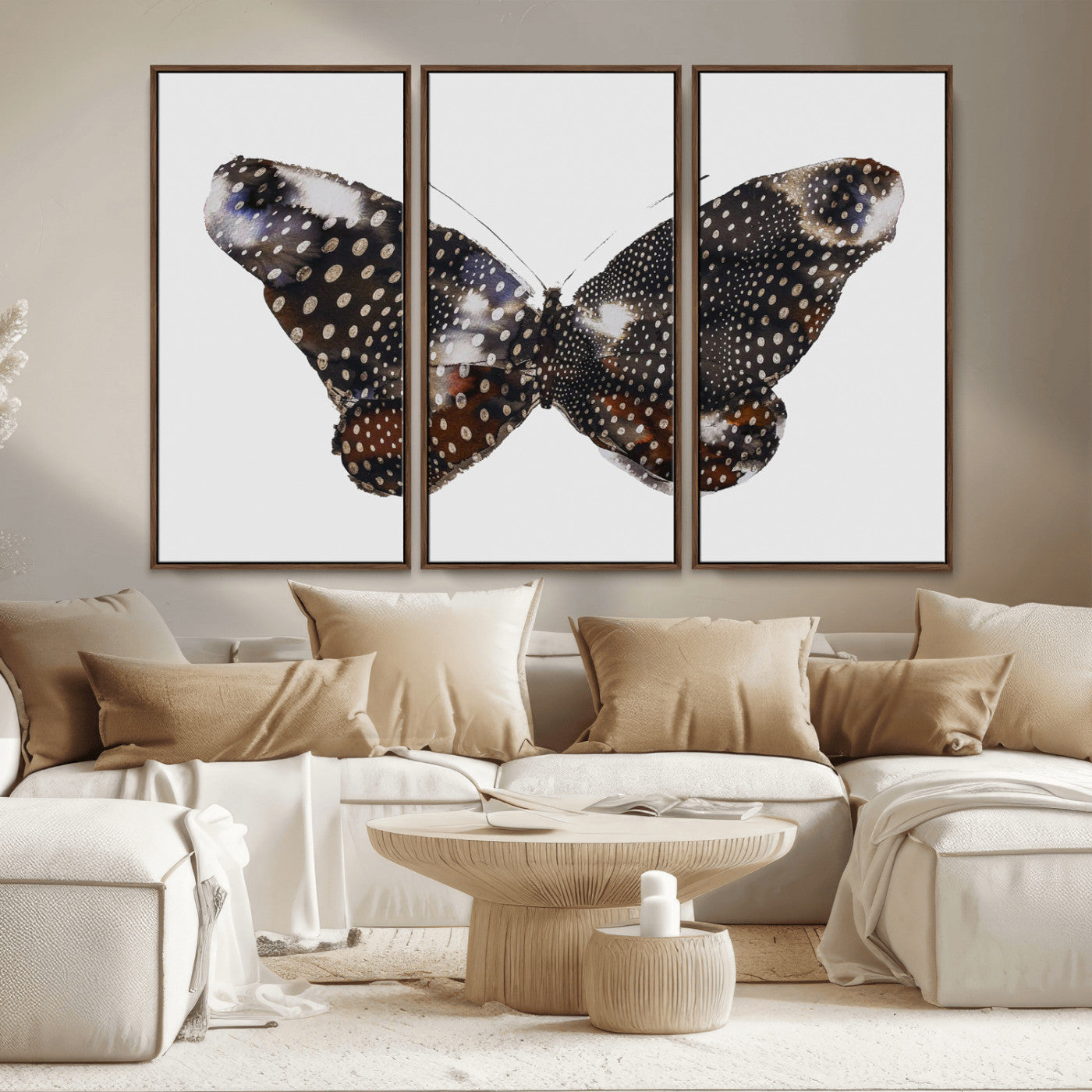 MGV-FC-48X32-3P - Spotted Butterfly Wall Art Canvas Print, Framed Neutral Insect Theme Art Picture Print, Earthy Wing Pattern Perfect Modern Rustic Decor Artwork