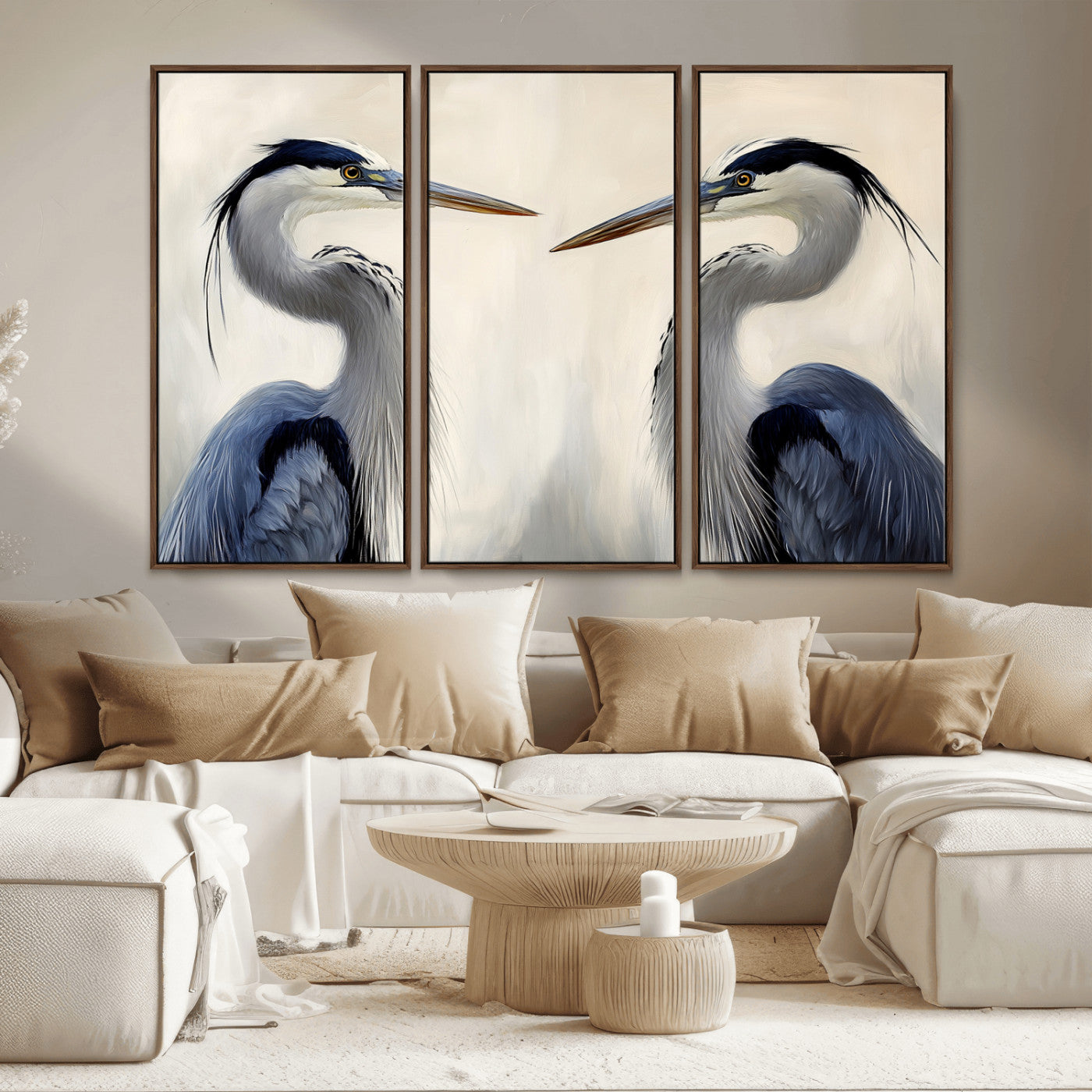 MGV-FC-48X32-3P - Blue Heron Pair Wall Art Canvas Print, Framed Coastal Bird Theme Art Picture Print, Tranquil Wildlife Scene Perfect Coastal Minimalist Decor Artwork