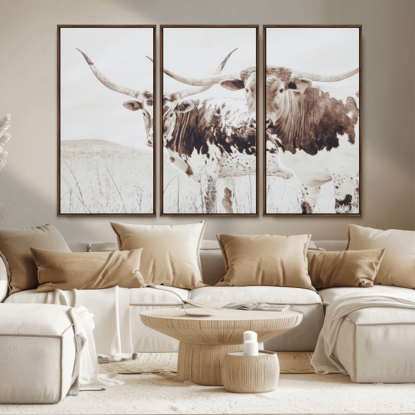 MGV-FC-48X32-3P - Longhorn Wall Art Wall Art Canvas Print, Framed Western Cow Canvas Art Picture Print, Rustic Farm Decor Perfect Rustic Farmhouse Decor Artwork