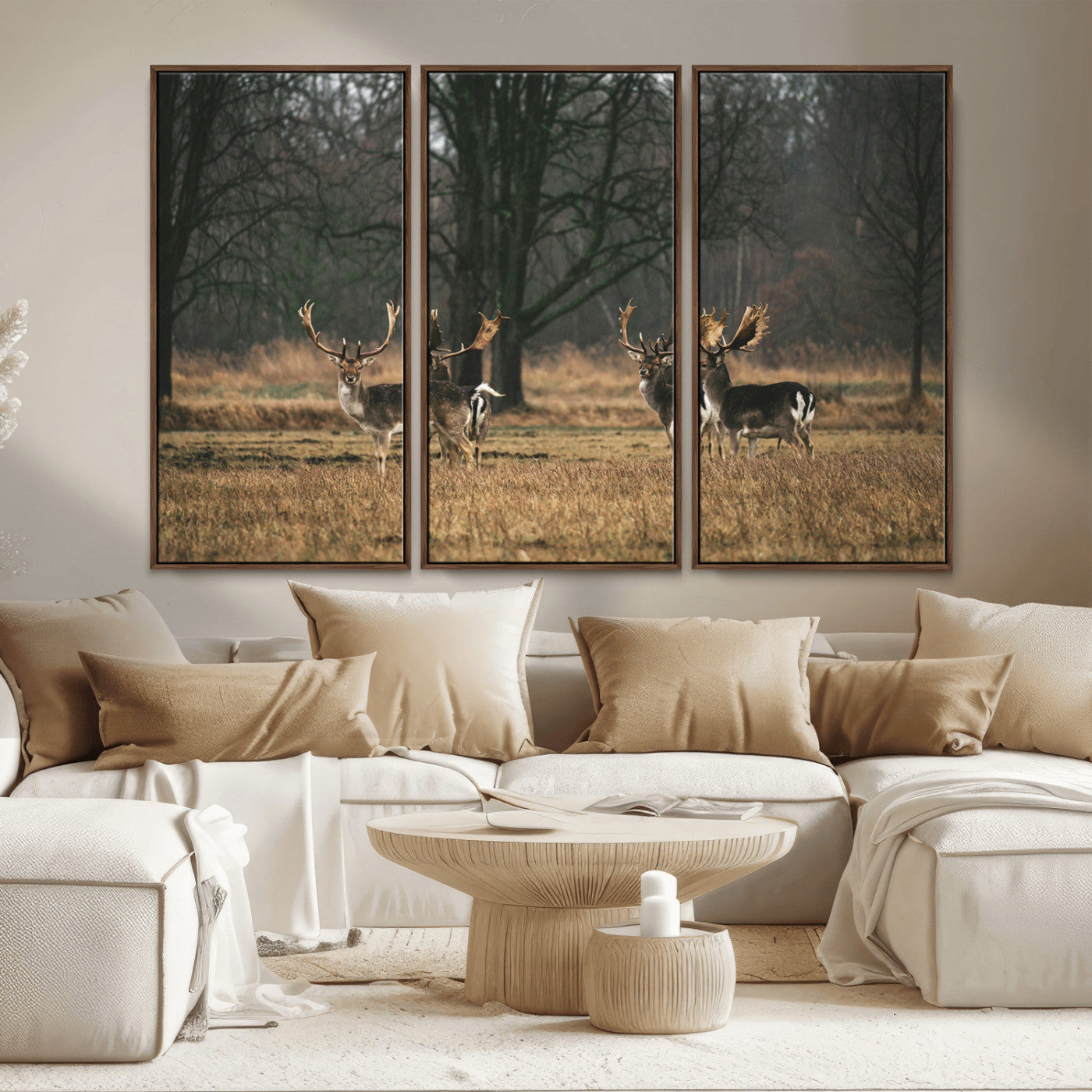 MGV-FC-48X32-3P - Deer Photography Wall Art Canvas Print, Framed Rustic Wildlife Art Picture Print, Stags In Forest Perfect Rustic Wilderness Decor Artwork