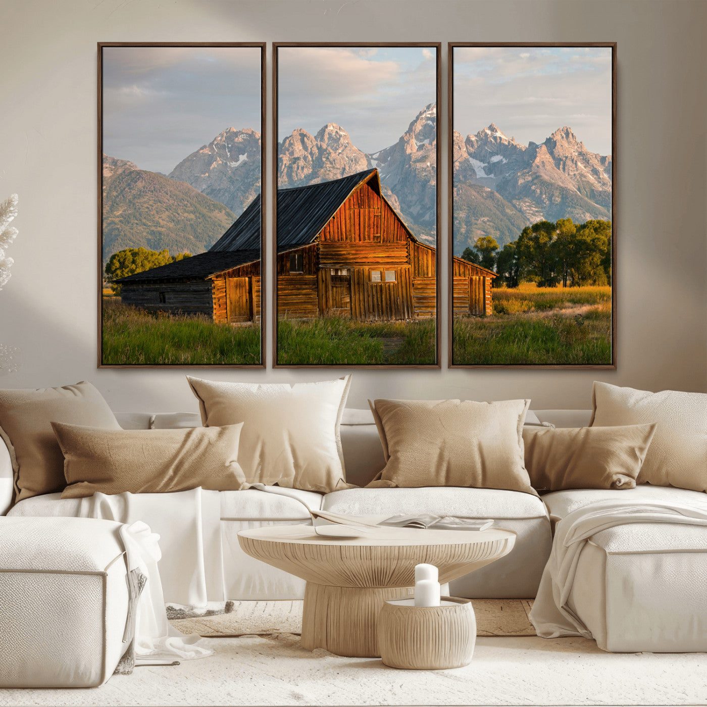 MGV-FC-48X32-3P - Rustic Barn Wall Art Canvas Print, Framed Western Landscape Art Picture Print, Farmhouse Style Perfect Rustic Farmhouse Decor Artwork