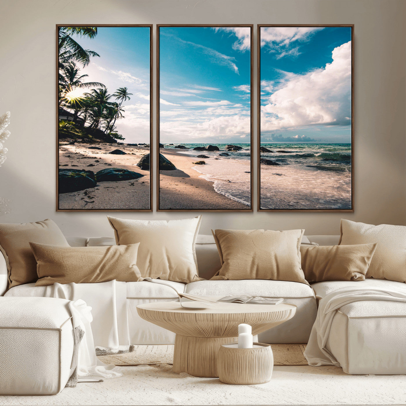 MGV-FC-48X32-3P - Tropical Beach Wall Art Canvas Print, Framed Ocean Waves Art Picture Print, Relazxing Seascape Perfect Tropical Coastal Decor Artwork