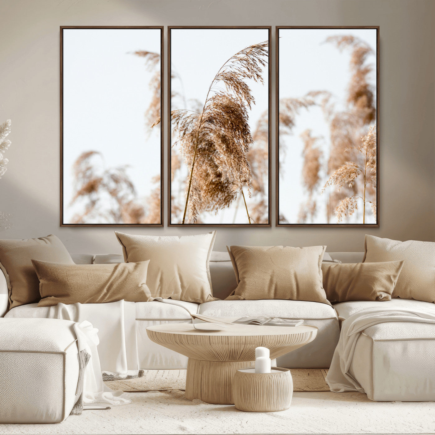 MGV-FC-48X32-3P - Pampas Grass Wall Art Canvas Print, Framed Neutral Tones Art Picture Print, Minimalist Nature Perfect Boho Decor Artwork