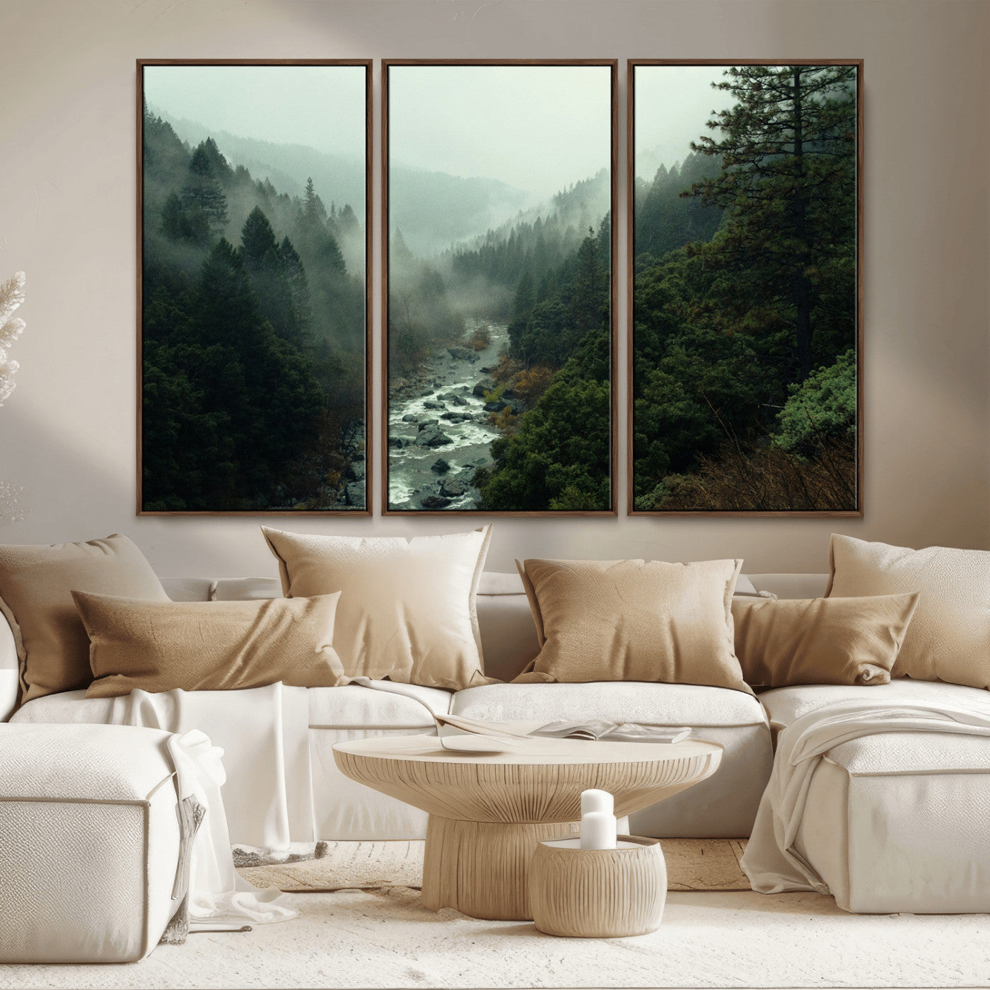 MGV-FC-48X32-3P - Misty Forest Wall Art Canvas Print, Framed Foggy River Art Picture Print, Moody Landscape Perfect Wilderness Decor Artwork