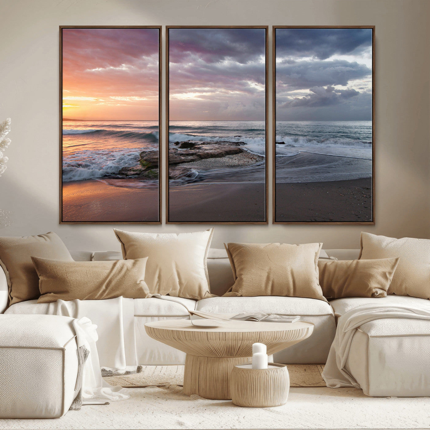 MGV-FC-48X32-3P - Golden Hour Wall Art Canvas Print, Framed Tranquil Waves Art Picture Print, Beach Perfect Coastal Serenity Decor Artwork