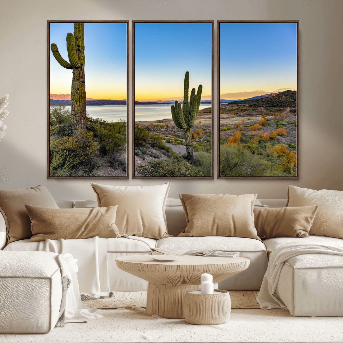 MGV-FC-48X32-3P - Saguaro Cactus Wall Art Canvas Print, Framed Desert Sunset Art Picture Print, Southwestern Perfect Southwestern Decor Artwork