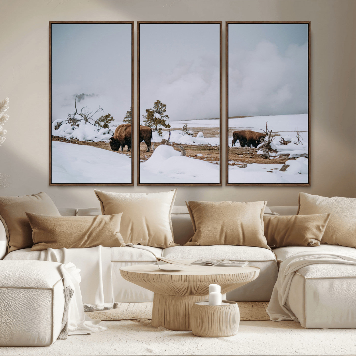 MGV-FC-48X32-3P - Bison Wildlife Wall Art Canvas Print, Framed Snowy Prairie Art Picture Print, Western Perfect Rustic Decor Artwork