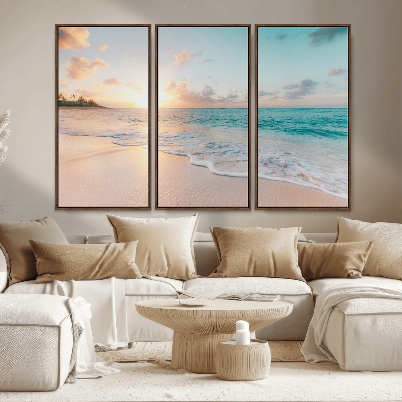 MGV-FC-48X32-3P - Beach Sunset Wall Art Canvas Print, Framed Ocean Waves Art Picture Print, Summer Escape Perfect Coastal Decor Artwork