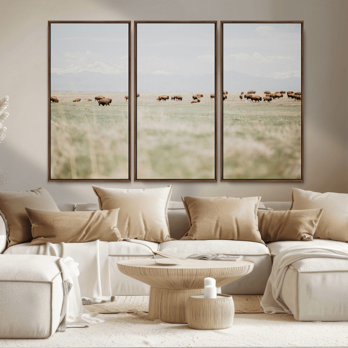 MGV-FC-48X32-3P - Bison Herd Wall Art Canvas Print, Framed Western Art Picture Print, Bison Perfect Ranch Decor Artwork