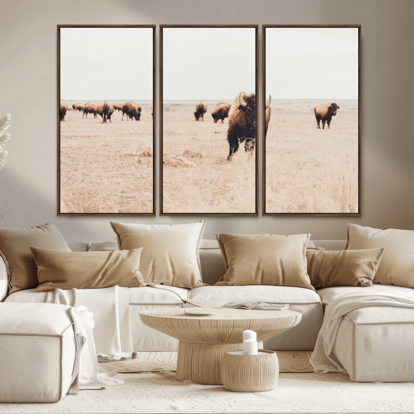 MGV-FC-48X32-3P - Bison Herd Wall Art Canvas Print, Framed Western Art Picture Print, Prairie Serenity Perfect Ranch Decor Artwork