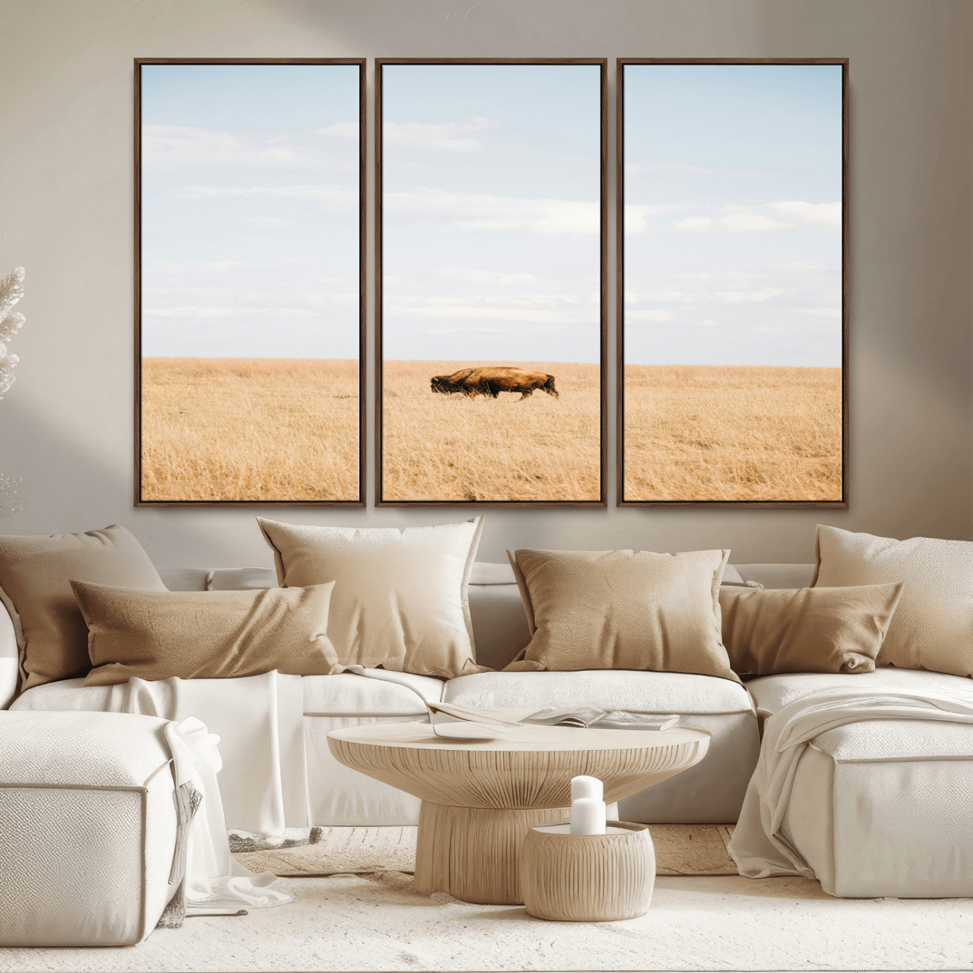 MGV-FC-48X32-3P - Minimalist Nature Wall Art Canvas Print, Framed Bison In Grassland Art Picture Print, Open Field Perfect Modern Ranch Decor Decor Artwork