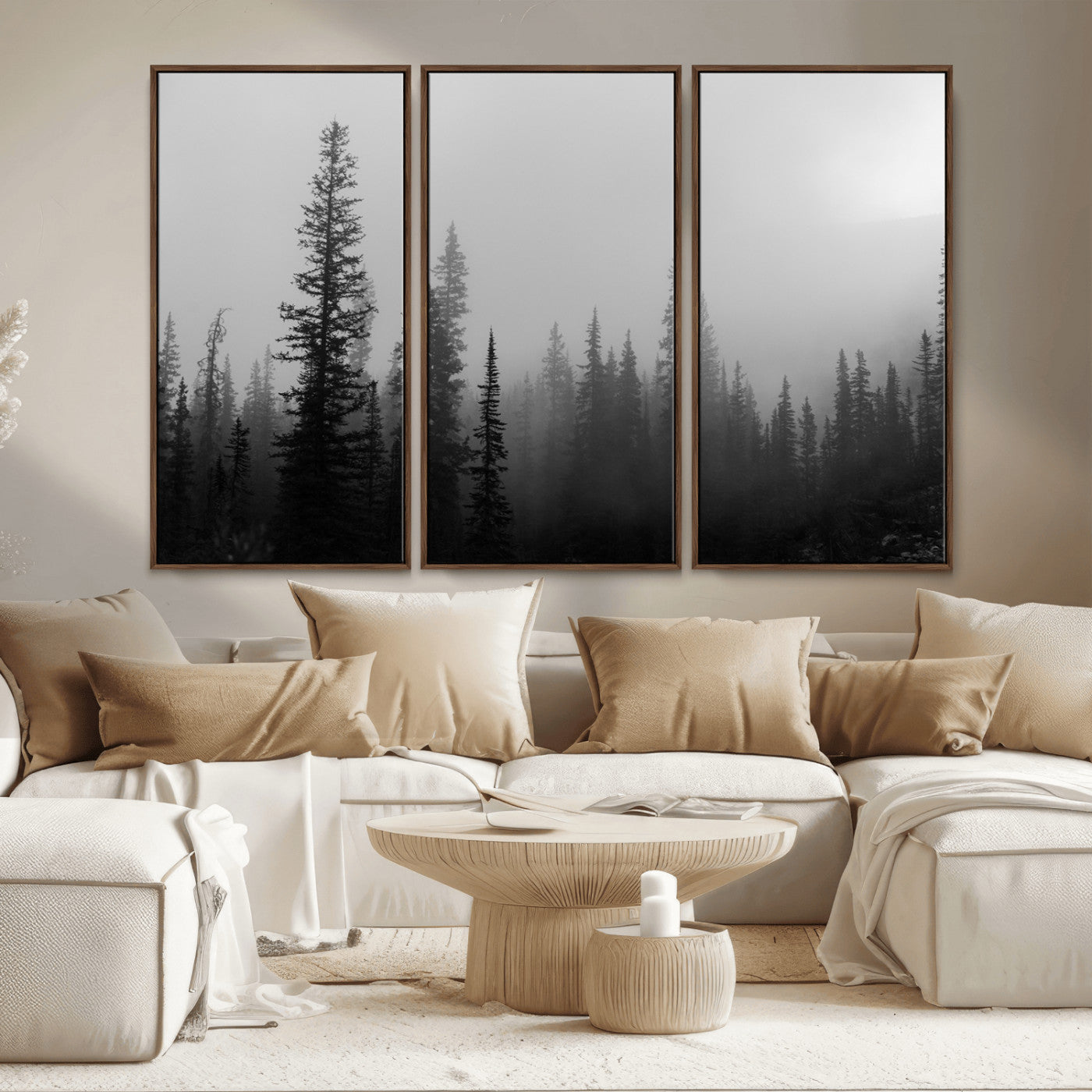 MGV-FC-48X32-3P - Misty Pines Wall Art Canvas Print, Framed Woodland Photography Art Picture Print, Minimalist Decor Perfect Rustic Decor Artwork