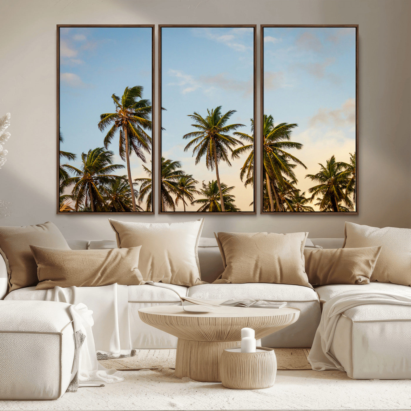 MGV-FC-48X32-3P - Palm Trees Wall Art Canvas Print, Framed Tropical Vibes Art Picture Print, Coastal Sunset Perfect Coastal Boho Decor Artwork