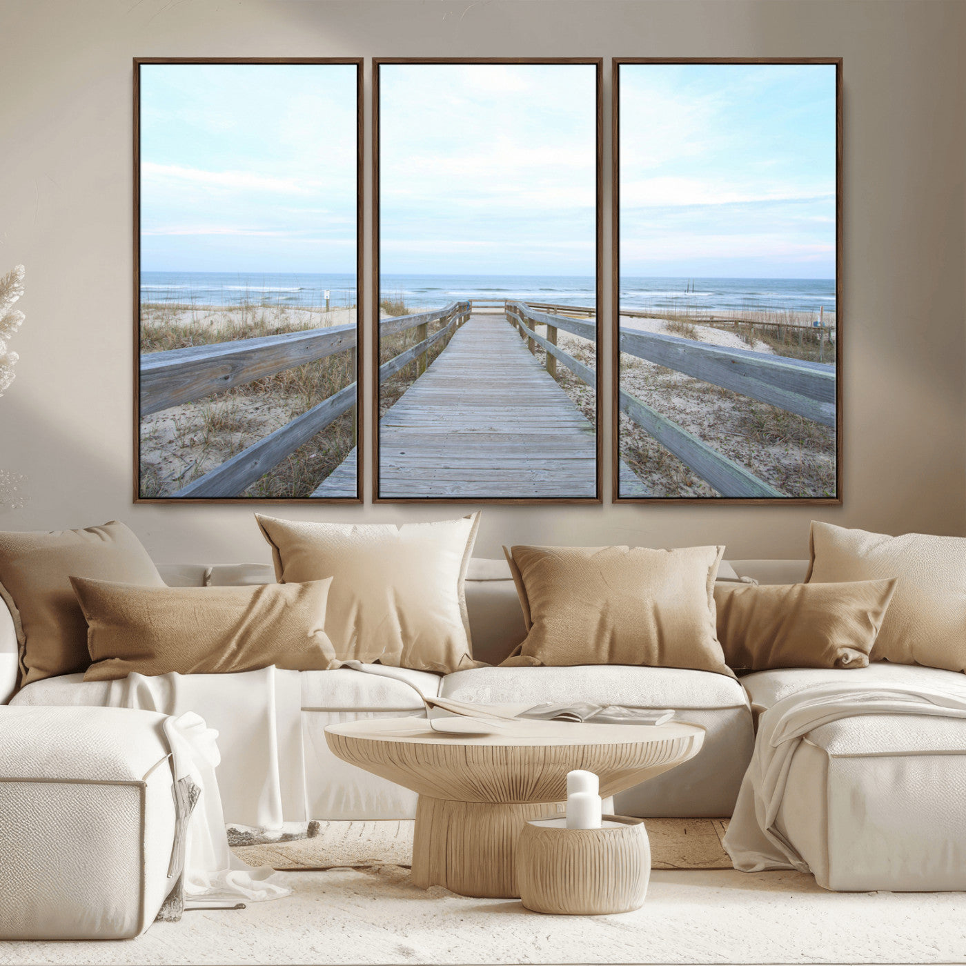 MGV-FC-48X32-3P - Beach Boardwalk Wall Art Canvas Print, Framed Coastal Serenity Art Picture Print, Ocean View Perfect Coastal Decor Artwork
