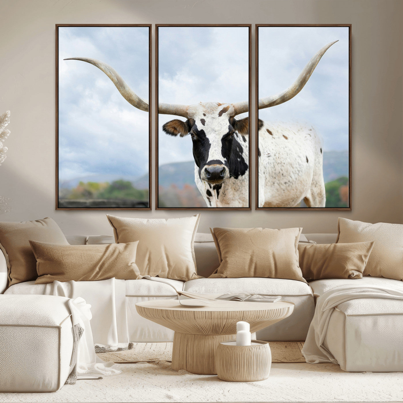 MGV-FC-48X32-3P - Texas Longhorn Wall Art Canvas Print, Framed Western Rustic Art Picture Print, Farmhouse Decor Perfect Farmhouse Decor Artwork