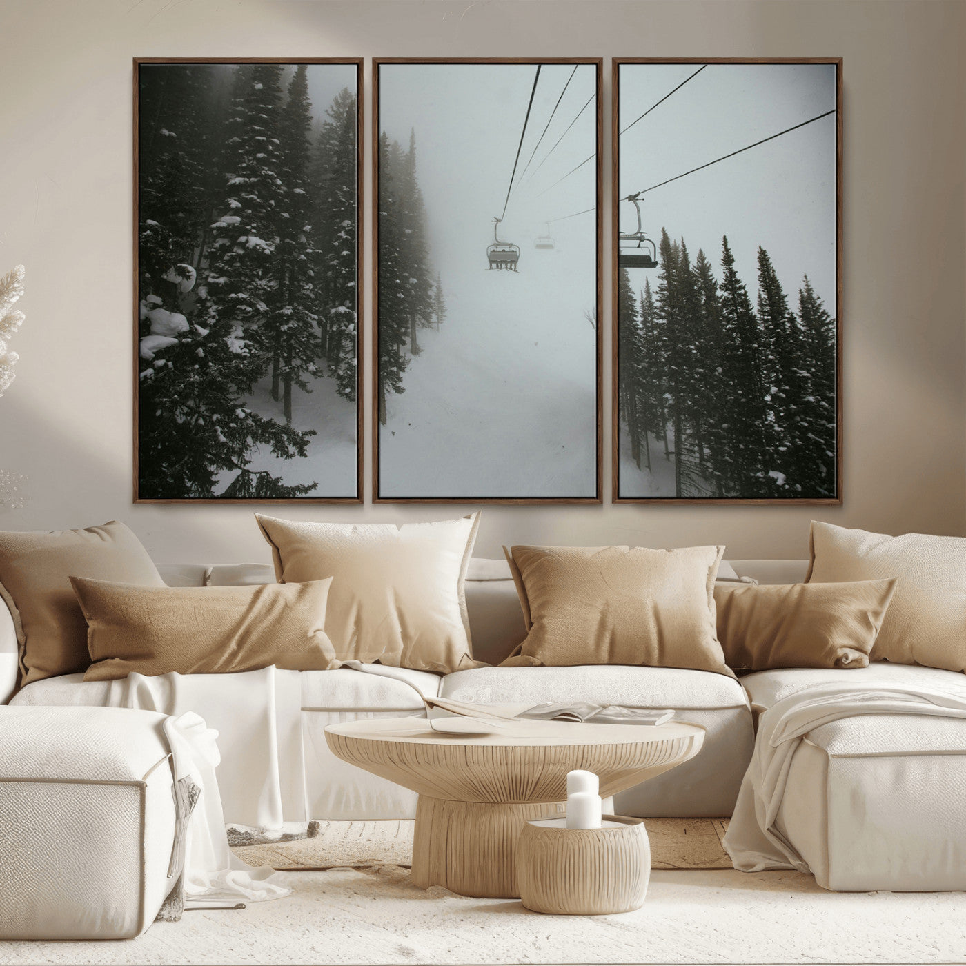 MGV-FC-48X32-3P - Ski Lift Wall Art Canvas Print, Framed Snowy Pines Art Picture Print, Misty Landscape Perfect Winter Serenity Decor Artwork