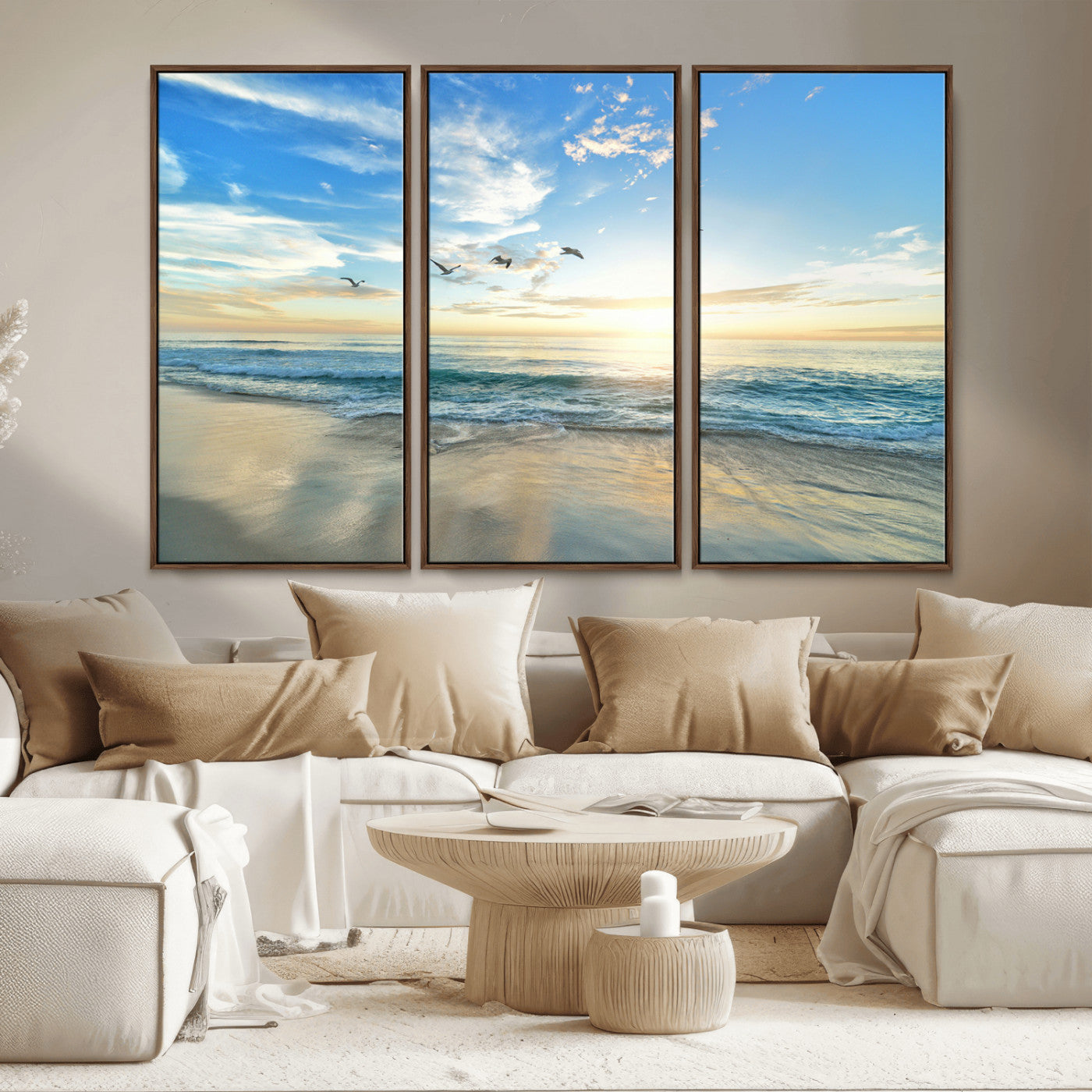 MGV-FC-48X32-3P - Minimalist Seaside Wall Art Canvas Print, Framed Morning Glow Art Picture Print, Golden Reflections Perfect Coastal Minimalist Decor Artwork