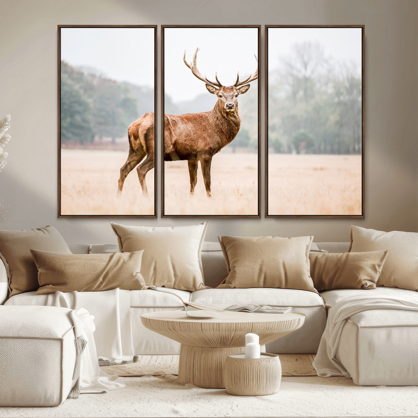 MGV-FC-48X32-3P - Vintage Wildlife Art Wall Art Canvas Print, Framed Misty Landscape Art Picture Print, Deer Wall Art Perfect Rustic Wildlife Decor Artwork