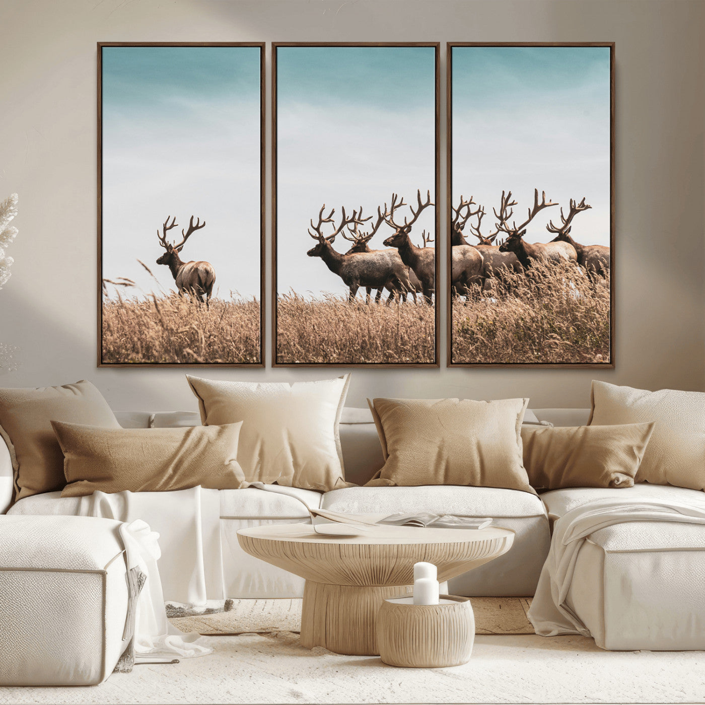 MGV-FC-48X32-3P - Elk Herd Wall Art Canvas Print, Framed Wildlife Photography Art Picture Print, Rustic Nature Print Perfect Rustic Wildlife Decor Artwork