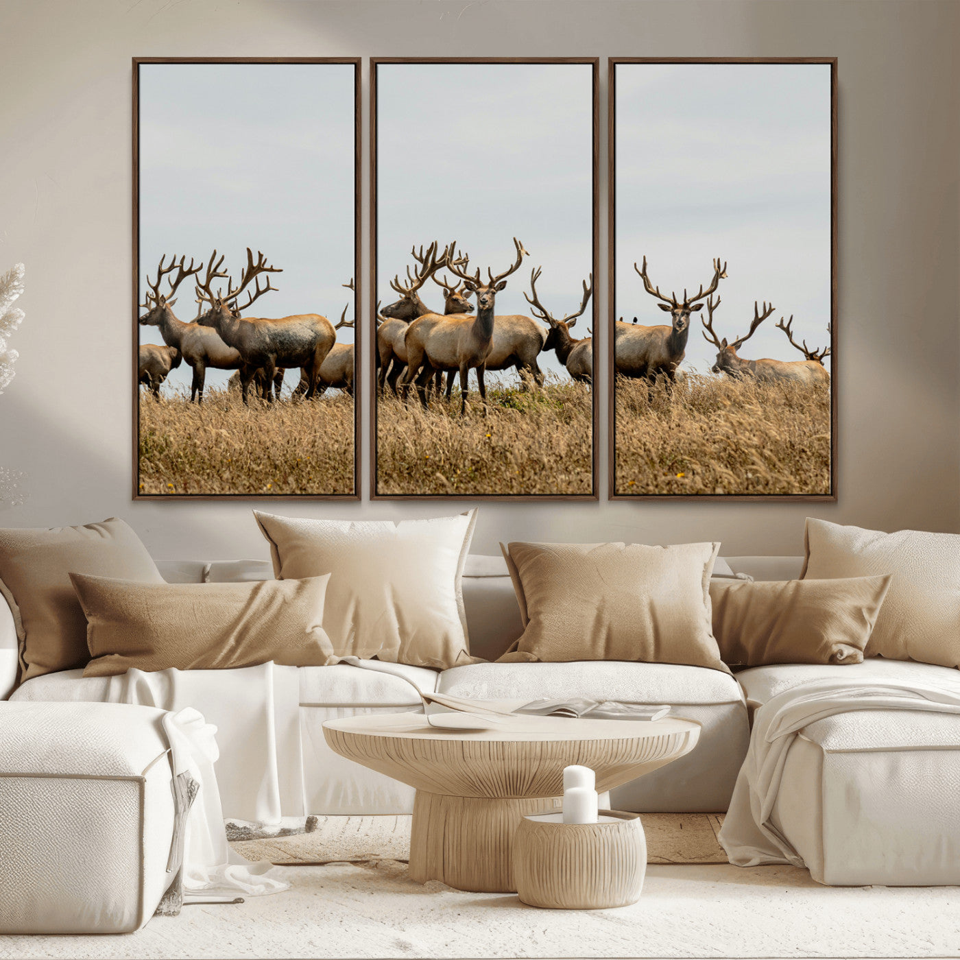 MGV-FC-48X32-3P - Elk Herd Wall Art Canvas Print, Framed Wildlife Photography Art Picture Print, Majestic Antlers Perfect Rustic Wildlife Decor Artwork