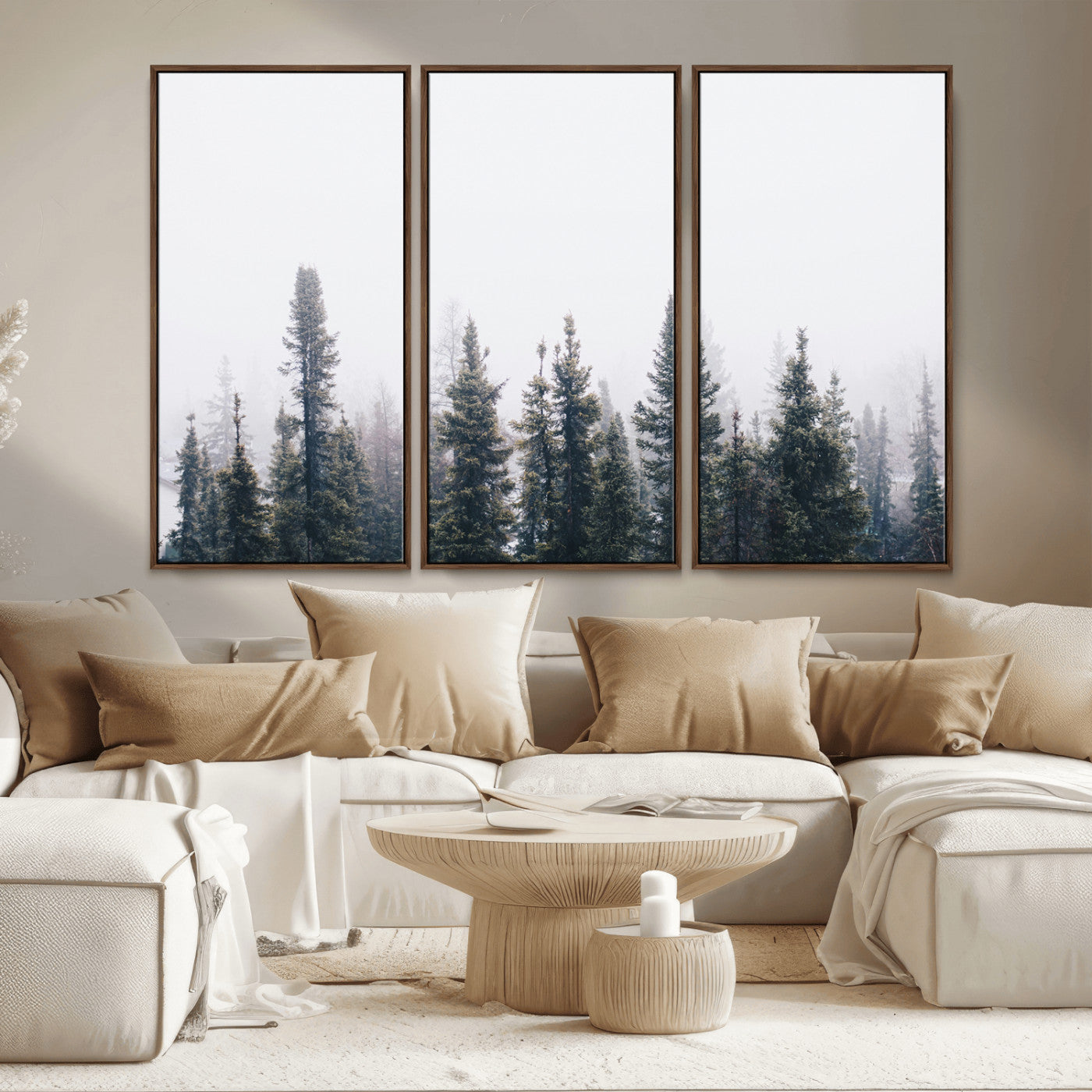 MGV-FC-48X32-3P - Foggy Forest Wall Art Canvas Print, Framed Misty Pines Art Picture Print, Moody Woodland Perfect Scandinavian Minimalist Decor Artwork