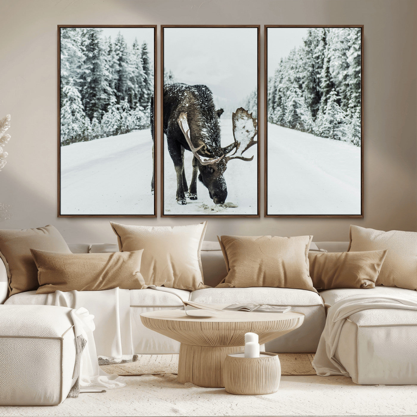MGV-FC-48X32-3P - Moose in Snow Wall Art Canvas Print, Framed Winter Wildlife Art Picture Print, Snowy Forest Scene Perfect Rustic Lodge Decor Artwork