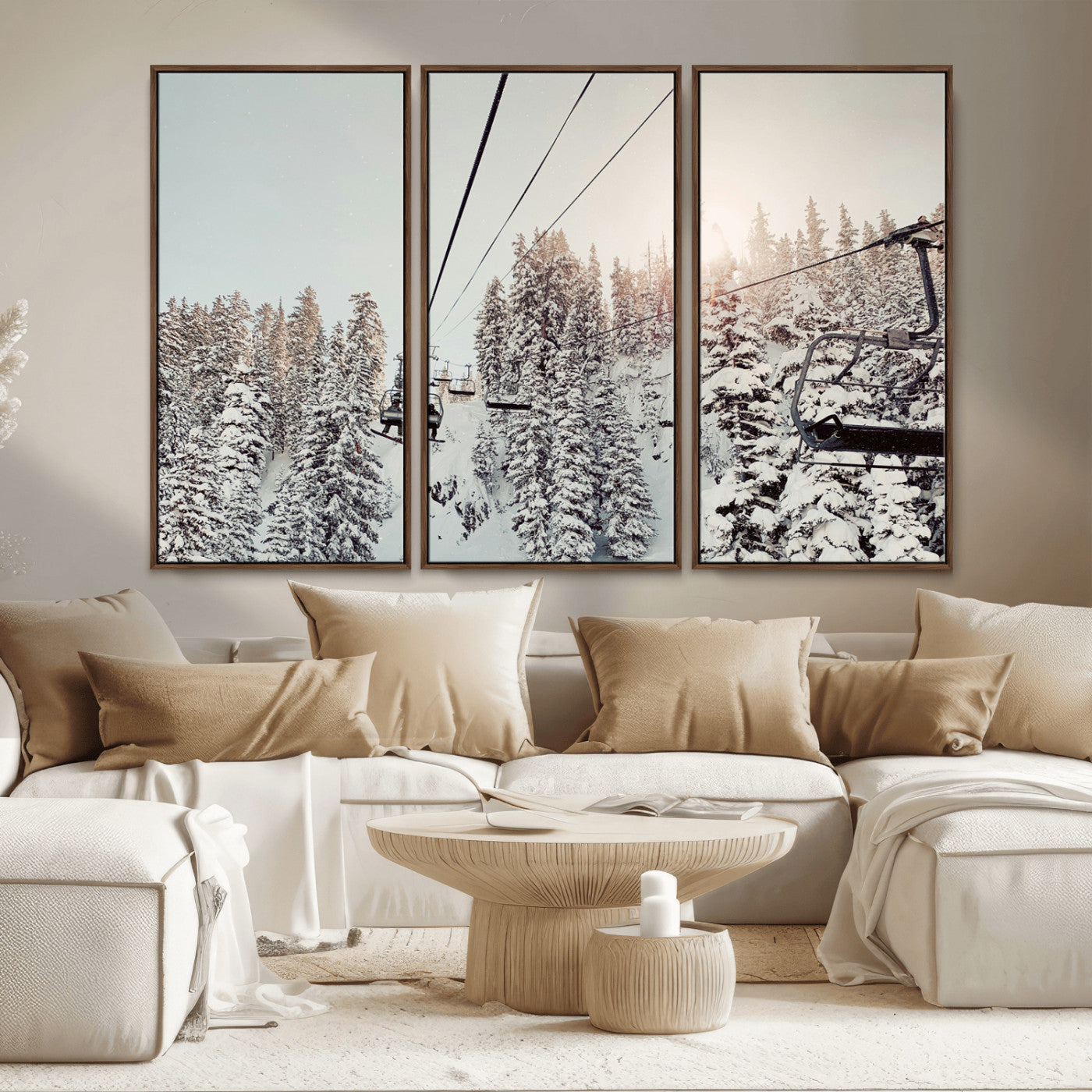 MGV-FC-48X32-3P - Frosty Pines Wall Art Canvas Print, Framed Cozy Cabin View Art Picture Print, Ski Lift Ride Perfect Rustic Lodge Decor Artwork