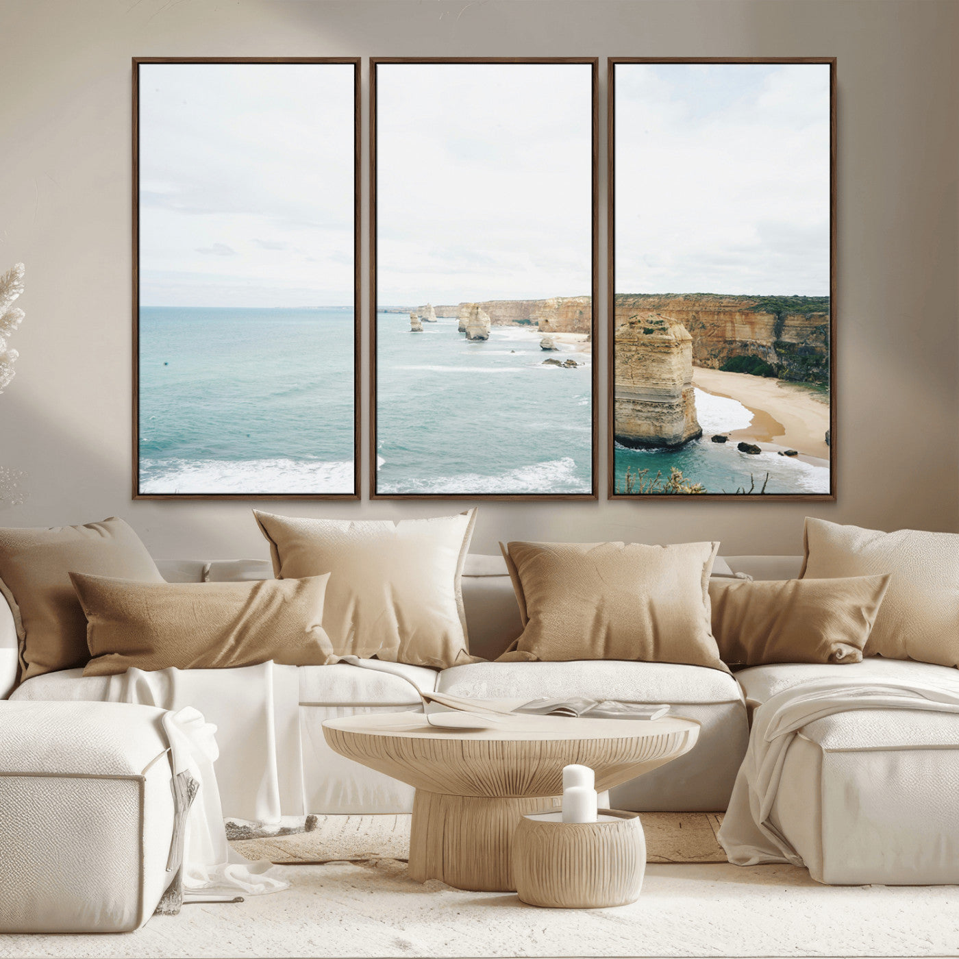 MGV-FC-48X32-3P - Twelve Apostles Wall Art Canvas Print, Framed Coastal Cliffs Art Picture Print, Rugged Rock Formations Perfect Minimalist Coastal Decor Artwork