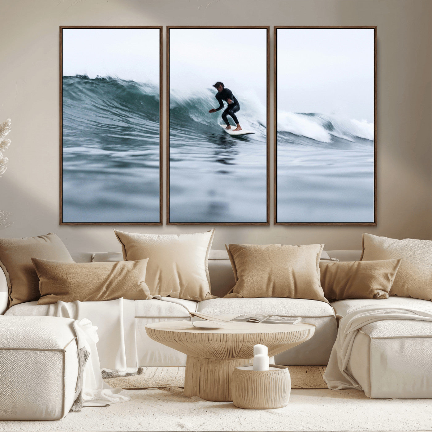 MGV-FC-48X32-3P - Surfer on Wave Wall Art Canvas Print, Framed Ocean Adventure Art Picture Print, Motion Blur Water Perfect Coastal Adventure Decor Artwork