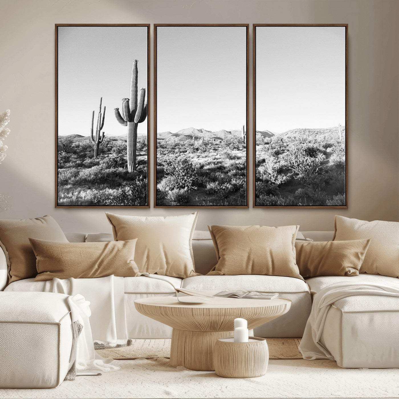 MGV-FC-48X32-3P - Saguaro Cactus Wall Art Canvas Print, Framed Monochrome Landscape Art Picture Print, Scenic Arizona View Perfect Minimalist Western Decor Artwork