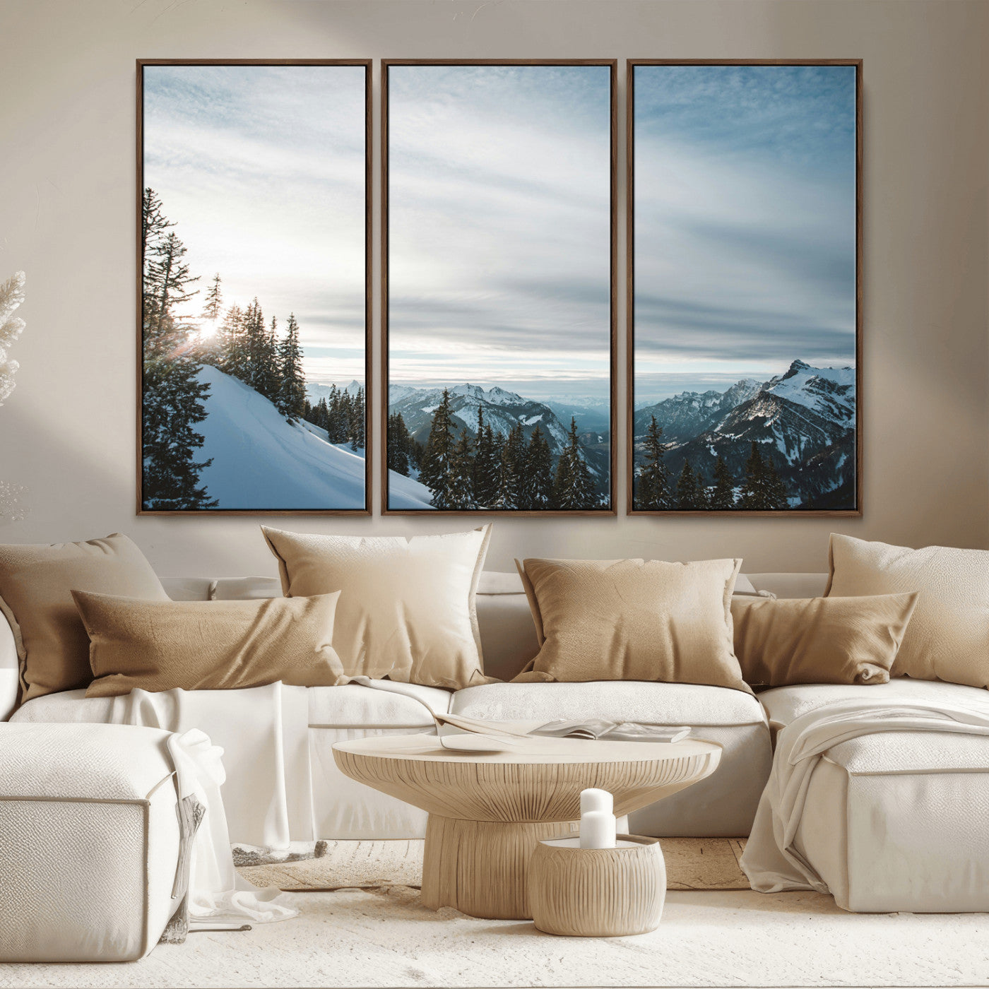 MGV-FC-48X32-3P - Snowy Mountains Wall Art Canvas Print, Framed Alpine Landscape Art Picture Print, Frosty Peaks Perfect Nordic Minimalist Decor Artwork