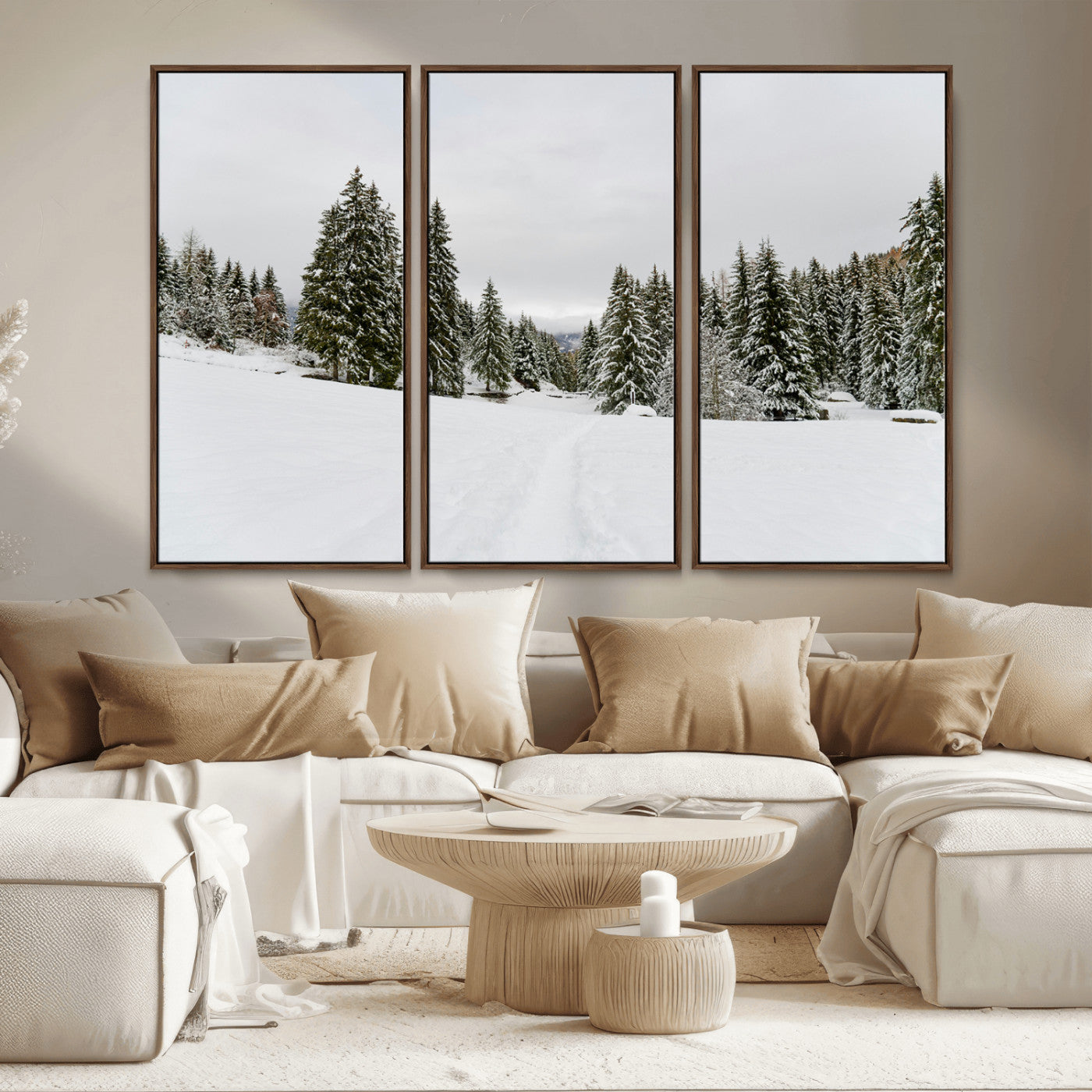 MGV-FC-48X32-3P - Frosty Pines Wall Art Canvas Print, Framed Silent Snowfall Art Picture Print, Cozy Cabin Vibes Perfect Nordic Minimalist Decor Artwork