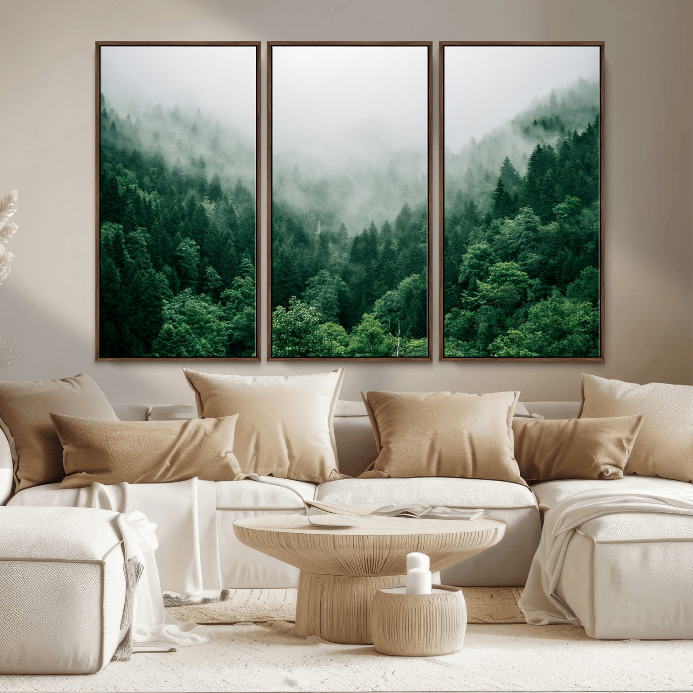 MGV-FC-48X32-3P - Misty Green Forest Canvas Print – Serene Foggy Pine Landscape Wall Art, Tranquil Nature Decor for