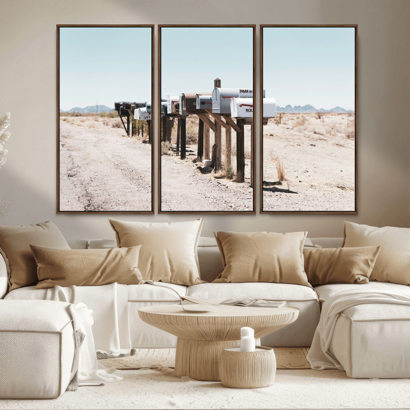 MGV-FC-48X32-3P - Desert Mailboxes Canvas Print – Minimal Western Landscape Photography, Rustic Americana Wall Art for