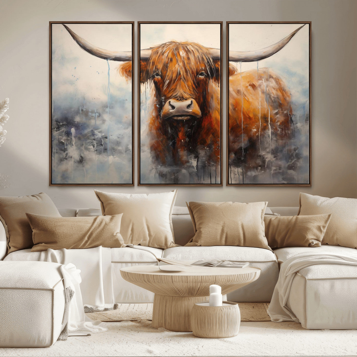 MGV-FC-48X32-3P - Scottish Highland Wall Art Canvas Print, Framed Longhorn Art Picture Print, Western Cow Perfect Farmhouse Decor Artwork