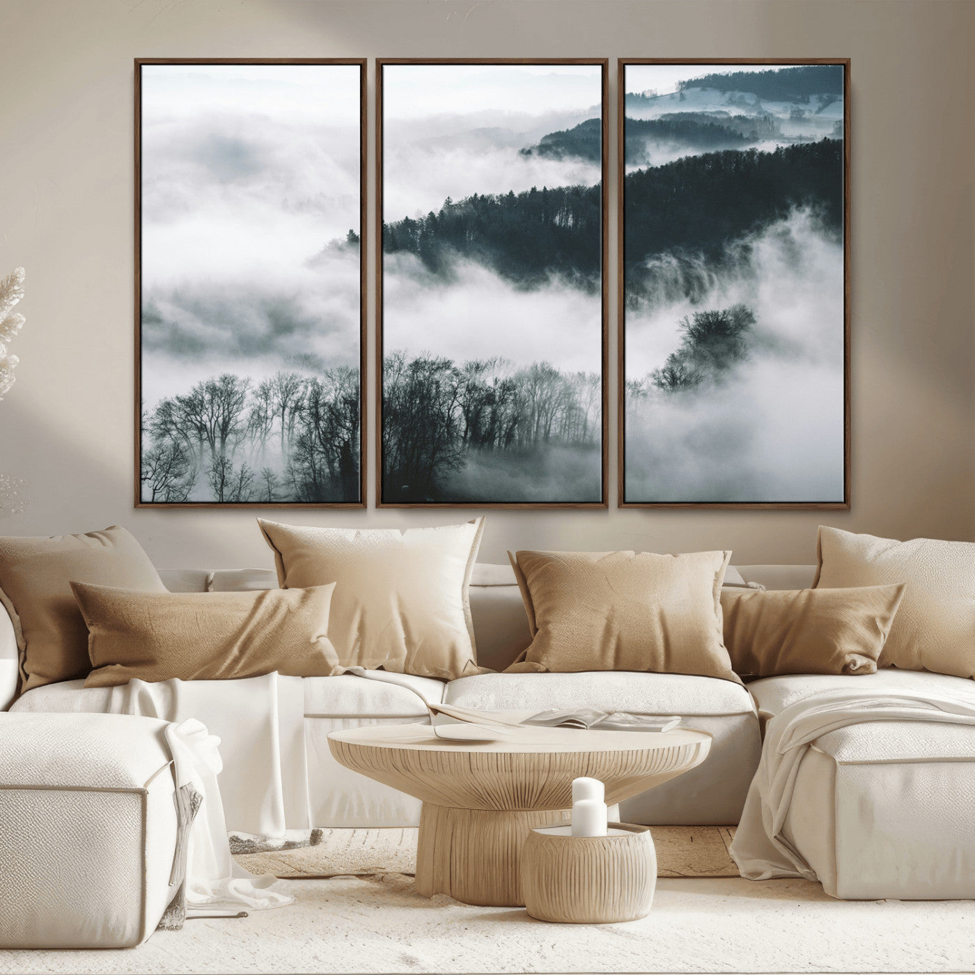 67569654-MGV-CV-36X24-Foggy Forest Landscape Wall Art Canvas Print – Misty Mountain Valley Scene in Monochrome Tones, Perfect for Minimalist or Nordic Home Decor
