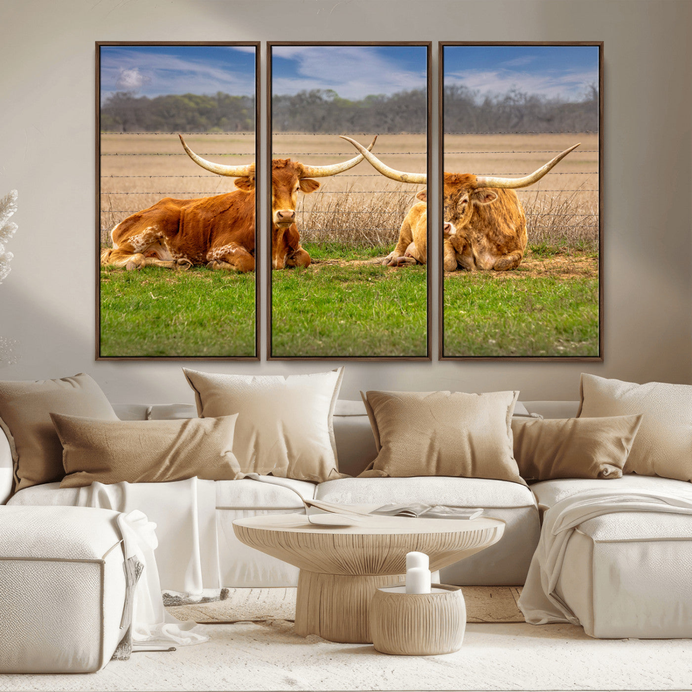 54598515-MGV-CV-36X24-Texas Longhorn Pair Wall Art Canvas Print – Peaceful Rustic Ranch Scene with Two Cattle in Field, Perfect for Western Farmhouse Home Decor