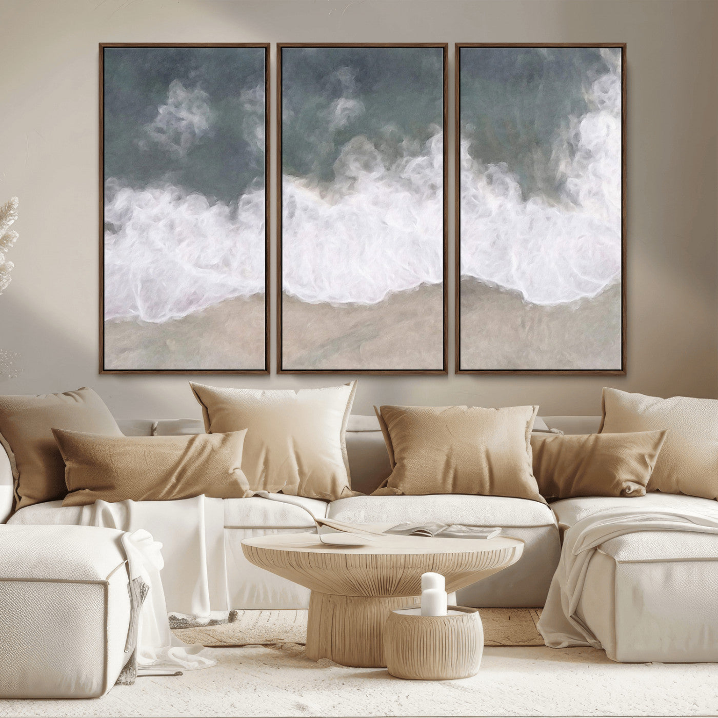 Wall art canvas print featuring foamy ocean waves softly rolling onto a sandy shore with a dreamy, painterly texture.