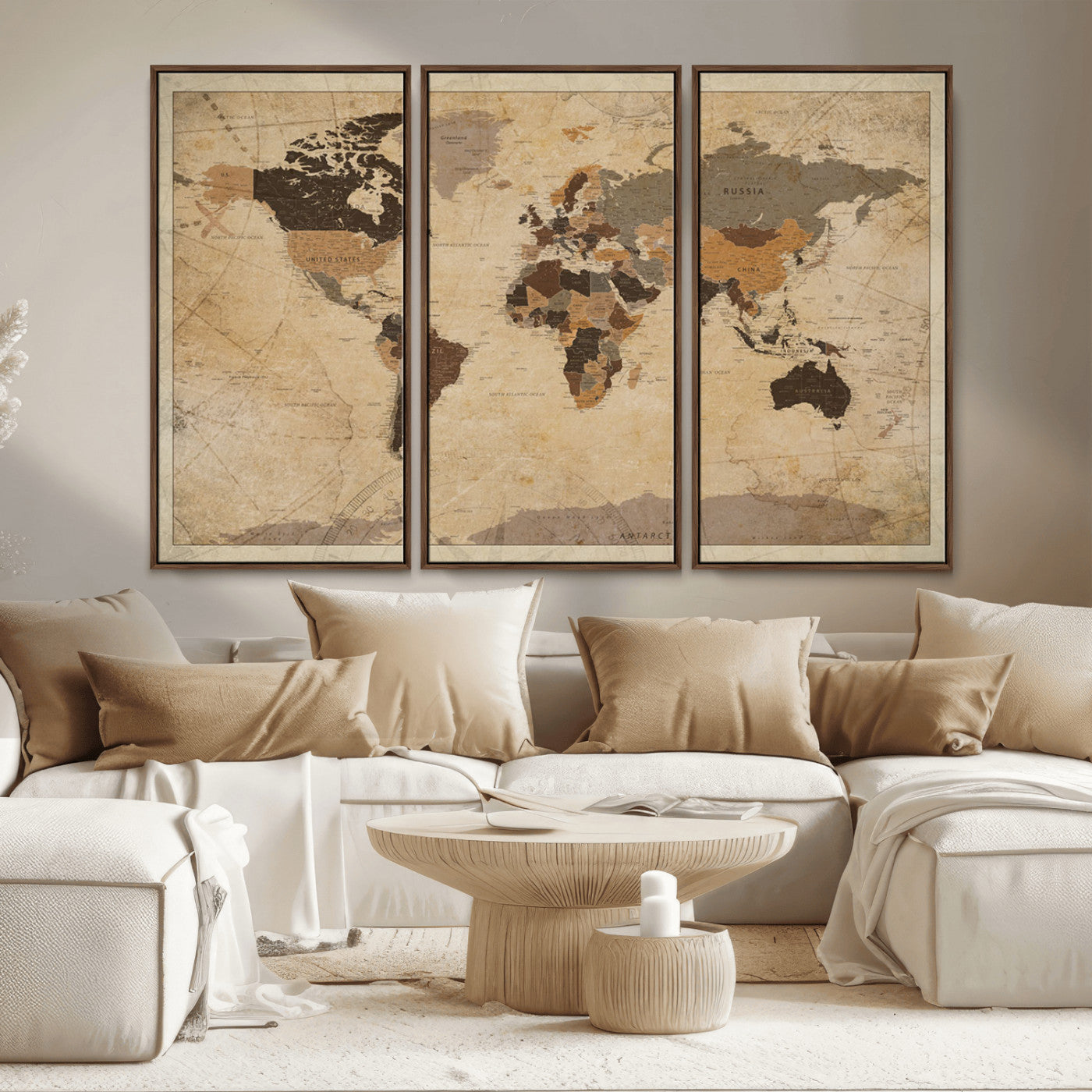 Vintage-style world map with muted brown, beige, and sepia tones, showing countries and continents with a weathered paper texture background.