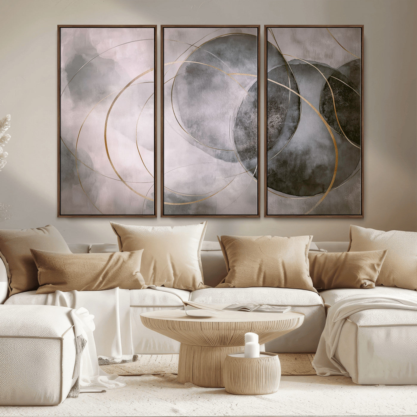 MGV-FC-48X32-3P - Wall Art Canvas Print Abstract Gray Black Gold Circles Soft Texture Modern Minimalist Artistic Home Decor Contemporary Elegant Stylish Unique