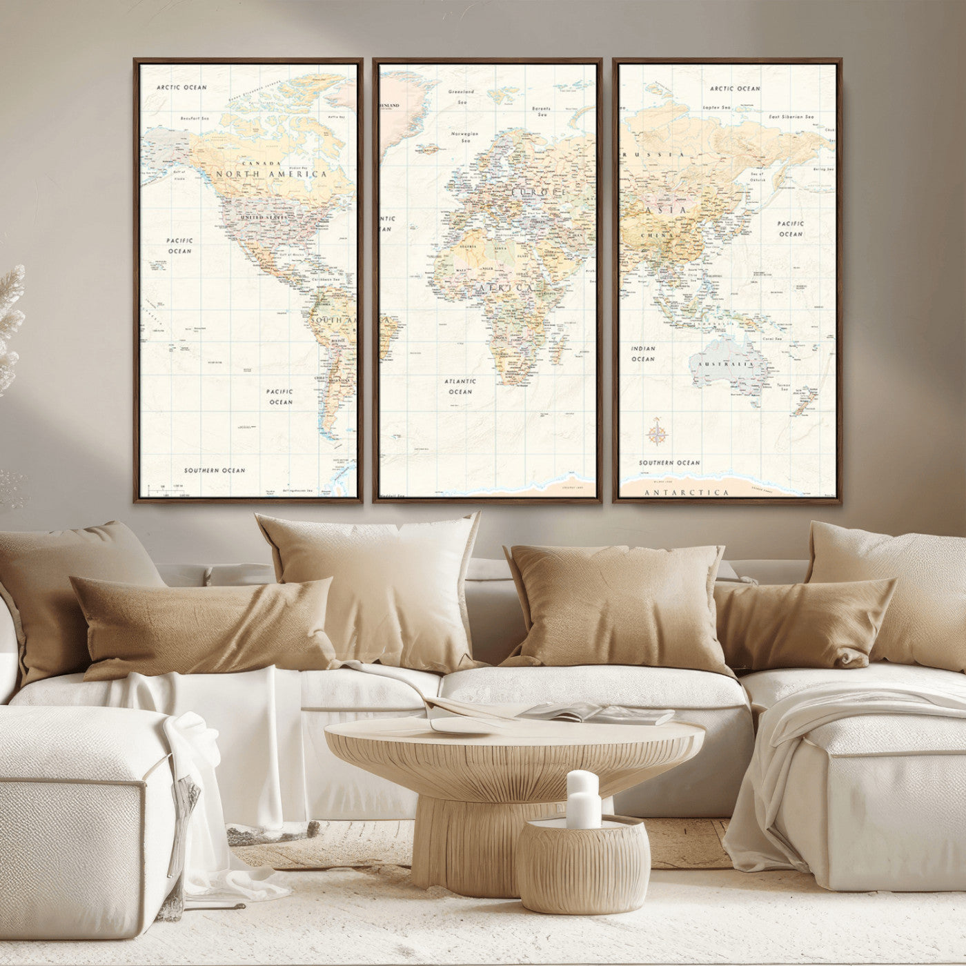 An antique-style world map showing continents, countries, and oceans with soft beige tones, detailed borders, and classic typography, enhanced by a subtle grid overlay and a vintage compass rose.