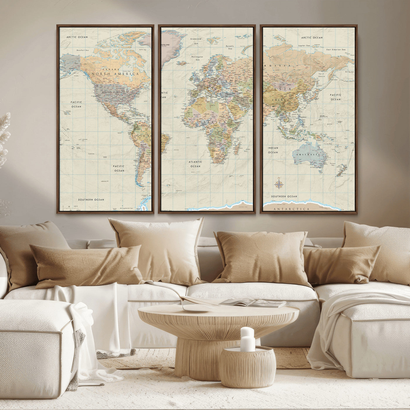 A detailed vintage-style political world map displaying continents, countries, and oceans with clear borders and labels, set on a beige textured background with grid lines.