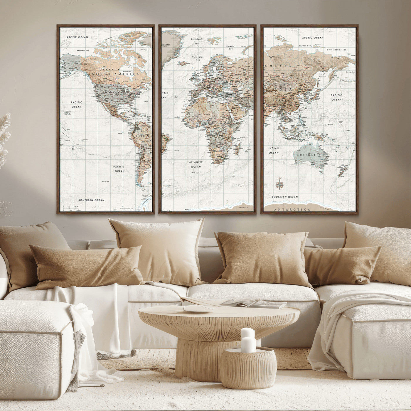 Vintage world map with detailed country borders and labels, featuring soft earthy tones of beige, brown, and gray on a textured parchment background, including oceans, continents, and major cities.