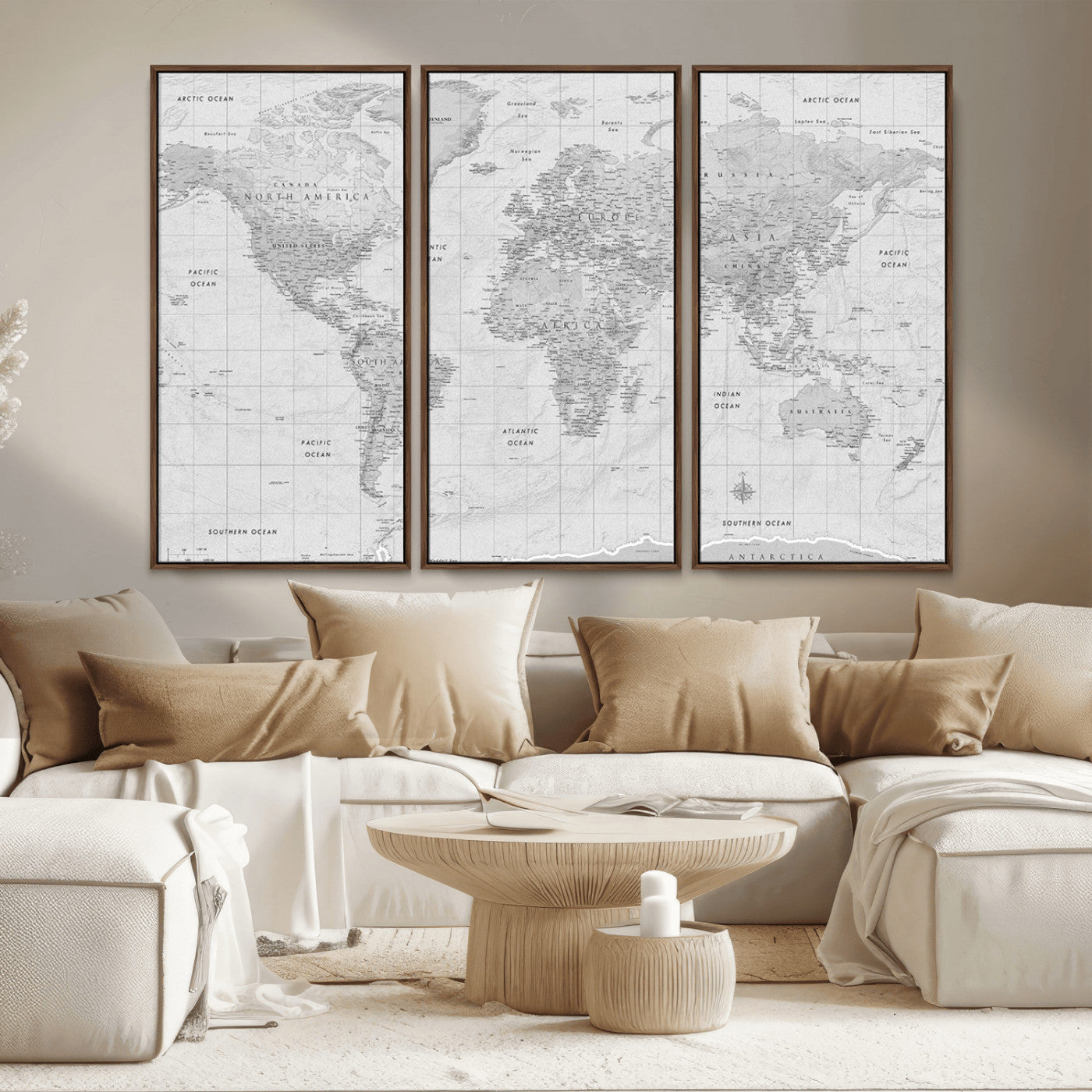 Grayscale vintage world map with detailed country borders, oceans, continents, and major cities on a textured parchment background.